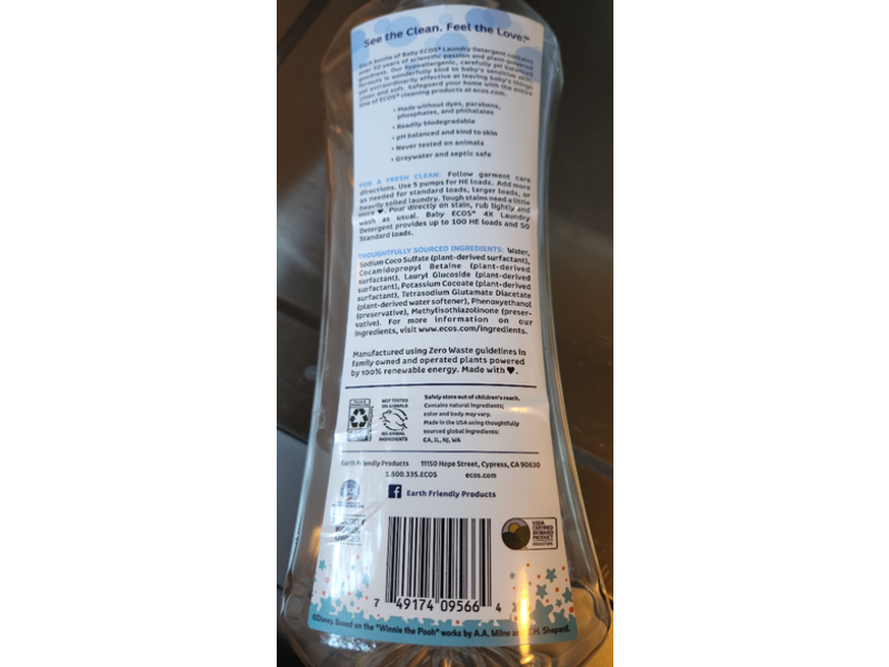 Ecos Baby Concentrated Laundry Detergent, Free & Clear, 100 Loads, 50 fl oz/1.48 L