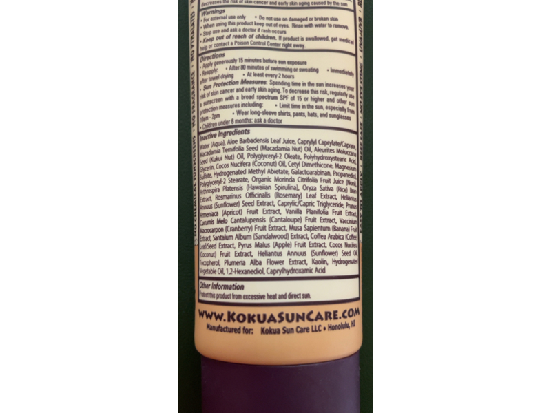 Kokua Sun Care Hawaiian Natural Zinc Sunscreen, Sugar Cane, SPF 50+, 3 fl oz/89 mL