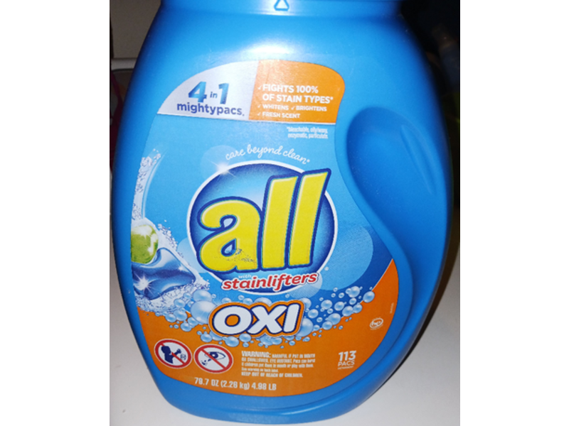All Mighty Pacs 4-in-1 OXI Laundry Detergent, Stain Lifters, 79.7 oz/2.26 kg, 113 Packs