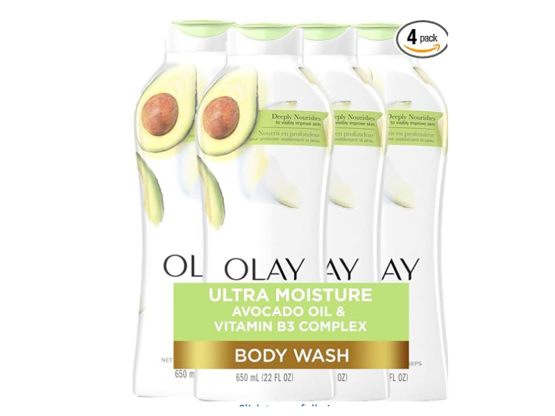 Olay Ultra Moisture Body Wash, Avocado Oil, 22 fl oz/650 mL, Pack Of 4
