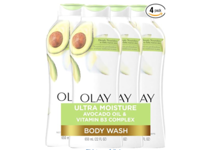 Olay Ultra Moisture Body Wash, Avocado Oil, 22 fl oz/650 mL, Pack Of 4