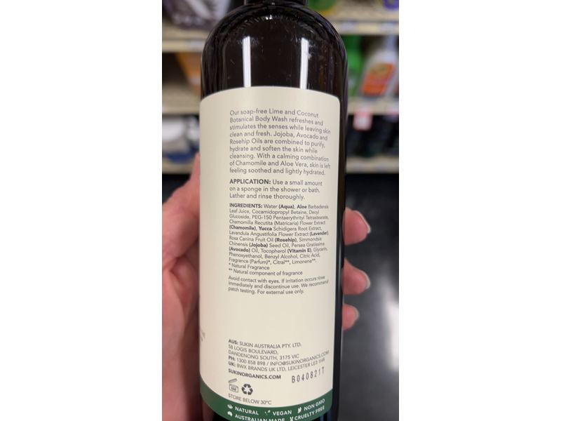 Sukin Botanical Body Wash, Lime & Coconut, 16.9 fl oz/500 mL