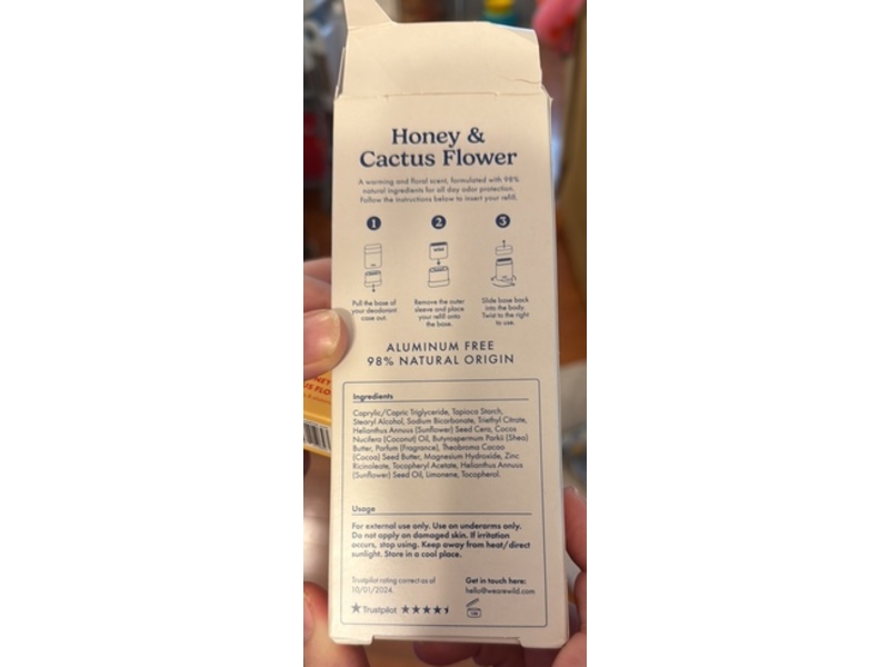 Wild Emma Bridgewater Deodorant Refill, Honey & Cactus Flower, 1.4 oz/40 g