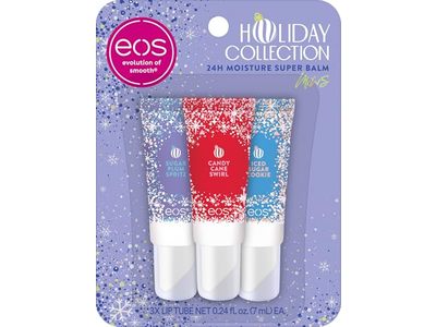 eos Holiday 24h Moisture Mini Super Lip Balm Set, Sugar Plum Spritz, Candy Cane Swirl, Iced Sugar Cookie, 0.24 fl oz/7 mL, Pack Of 3