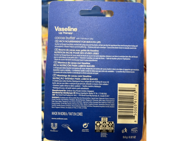 Vaseline Lip Therapy, Cocoa Butter, 0.32 oz/9.6 g, 2 Pack