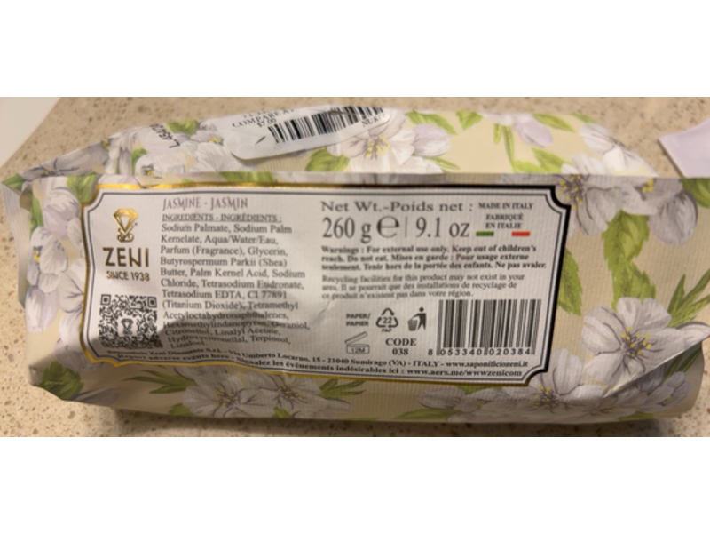 Zewi Fine Triple Milled Soap Bar, Jasmine, 9.1 oz/260 g