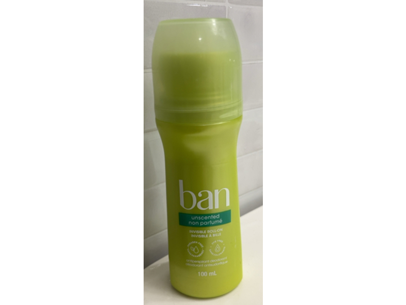 Ban Invisible Roll-On Antiperspirant Deodorant, Unscented, 100 mL