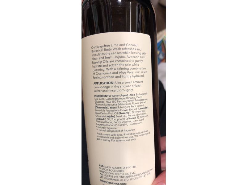 Sukin Botanical Body Wash, Lime & Coconut, 16.9 fl oz/500 mL