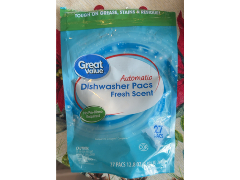 Great Value Automatic Dishwasher Pacs, Fresh Scent, 27 Pacs, 12.8 oz/0.36 kg