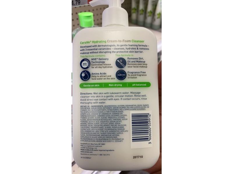 CeraVe Hydrating Cream-To-Foam Cleanser, Normal To Dry Skin, 16 fl oz/473 mL