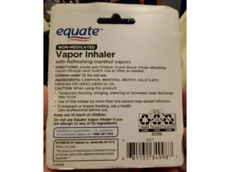 Equate Non-Medicated Vapor Inhaler, Menthol Scent, 1 Count