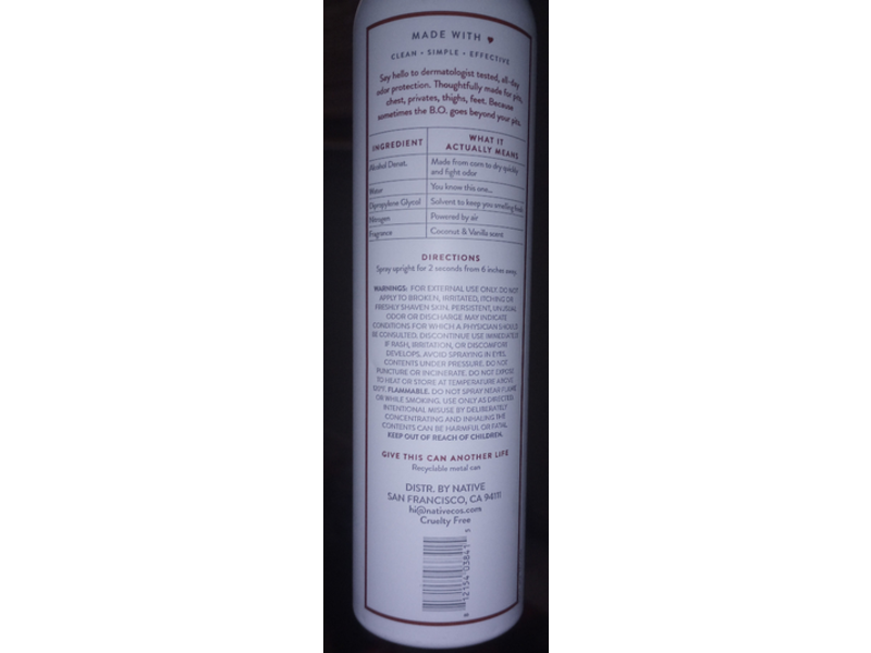 Native Whole Body Deodorant Spray, Coconut & Vanilla, 3.5 oz/99 g