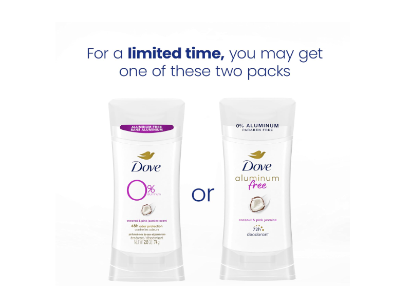 Dove Aluminum Free Deodorant, Coconut & Pink Jasmine, 2.6 oz/74 g, Pack Of 3