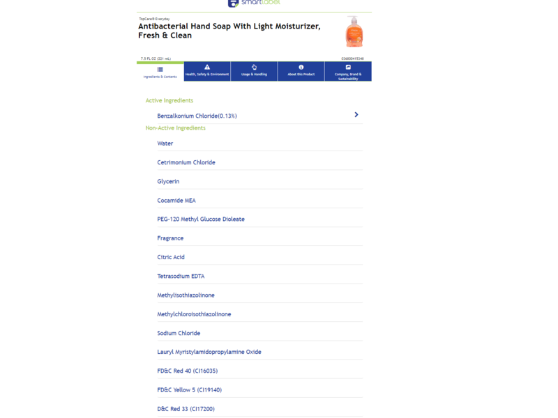 TopCare Everyday Antibacterial Hand Soap, Fresh & Clean, 7.5 fl oz/221 mL