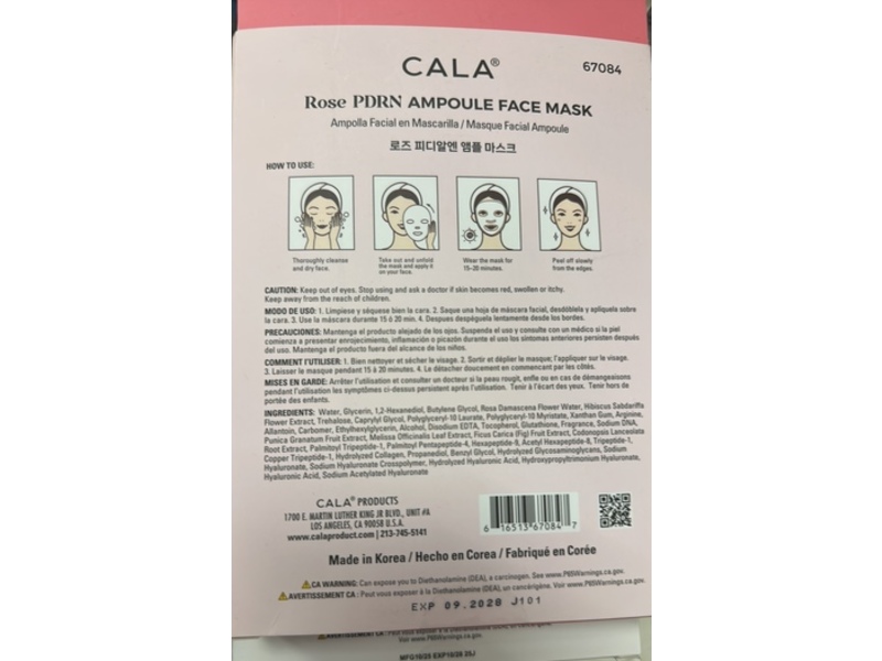 Cala Ampoule Face Mask, Rose PDRN, 0.84 fl oz/25 mL, 5 Sheets