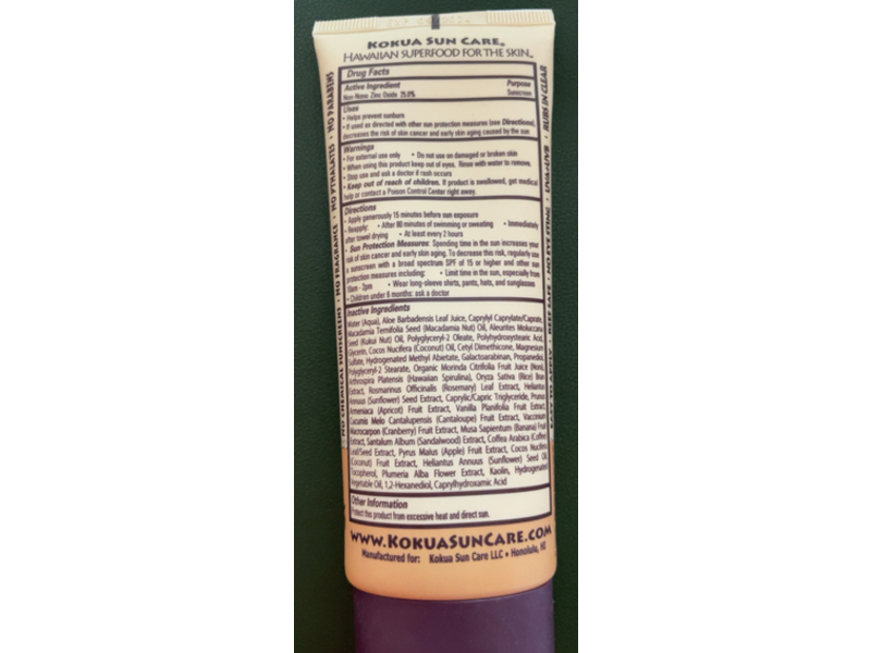 Kokua Sun Care Hawaiian Natural Zinc Sunscreen, Sugar Cane, SPF 50+, 3 fl oz/89 mL