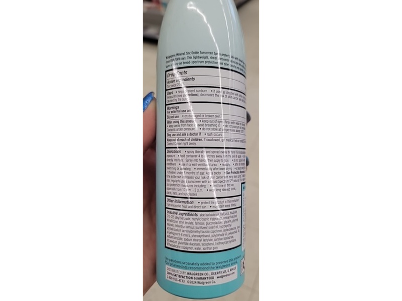 Walgreens Mineral Zinc Oxide Sunscreen Spray, SPF 50, 6.3 oz/179 g