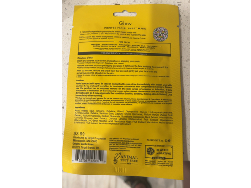 Vitamasques Glow Printed Facial Sheet Mask, Watermelon, Vitamin C And Niacinamide, 0.67 fl oz/20 mL, 1 Count