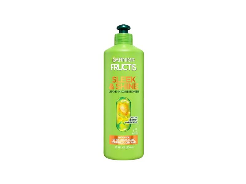 Garnier Fructis Sleek & Shine Leave In Conditioner, Vegan Keratin+Argan Oil, 16.9 fl oz/500 mL