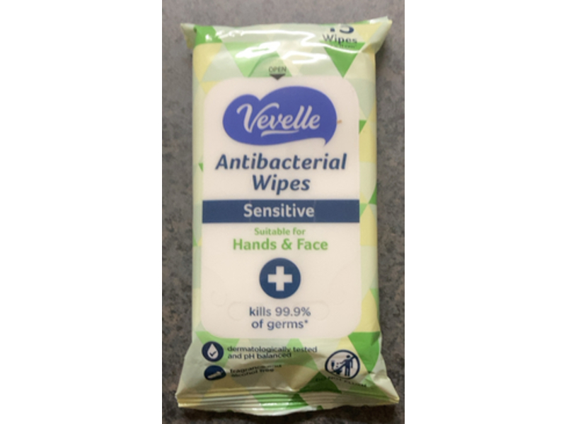 Vevelle Antibacterial Hands & Face Wipes, Sensitive, 15 Count