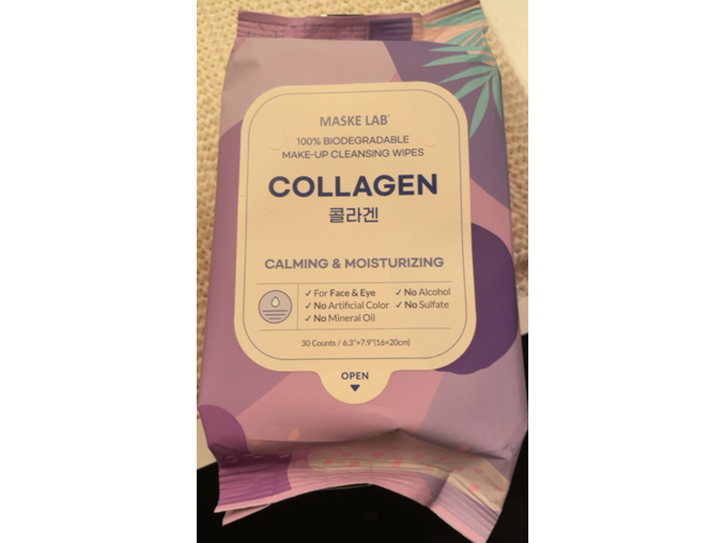 Maske Labs Collagen Make Up Cleansing Wipes, Calming & Moisturizing, 30 Count