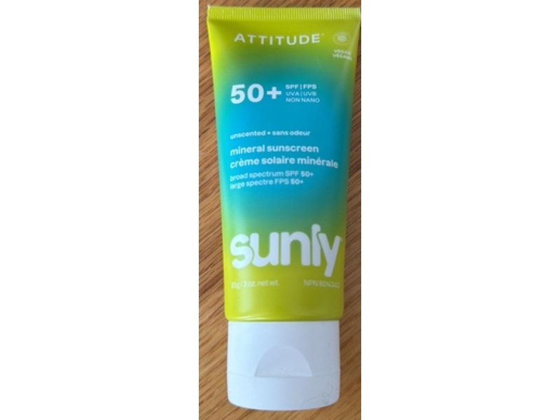 Attitude Sunly Mineral Sunscreen, Unscented, SPF 50+, 3 oz/85 g
