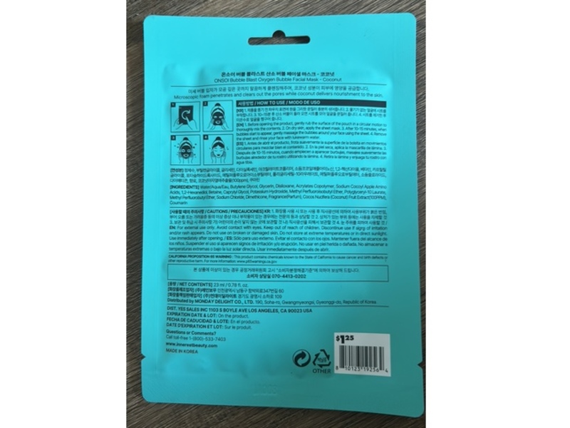 Onsoi Bubble Blast Oxygen Bubble Facial Mask, Coconut, 0.78 fl oz/23 mL