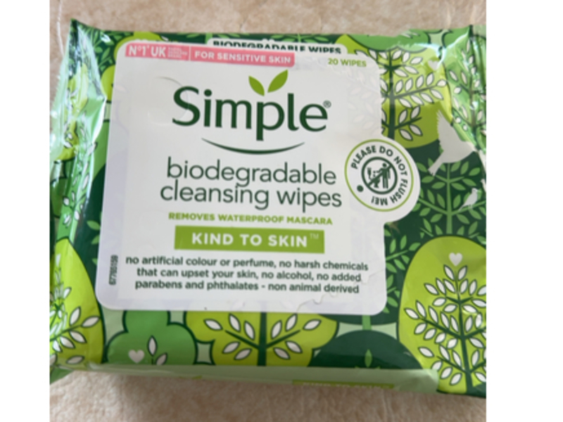 Simple Biodegradable Cleansing Wipes, Kind To Skin, 20 Count