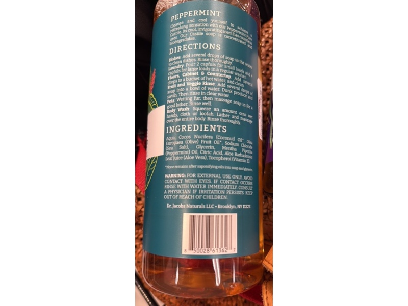 Dr. Jacobs Naturals Plant-Based Pure Castile All In 1 Soap, Peppermint Essential Oil, 32 oz/946 mL
