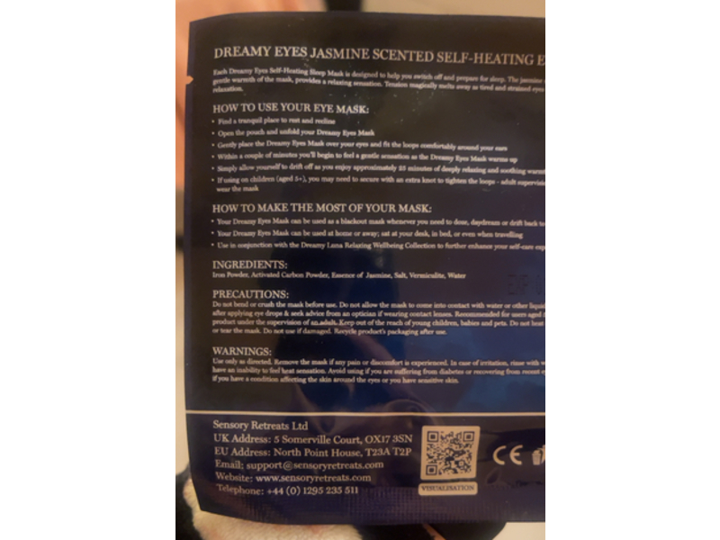 Sensory Retreats Dreamy Eyes Self-Heating Eye Mask, Jasmine Scent