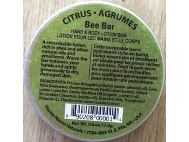 Honey House Naturals Bee Bar Lotion, Citrus, 0.6 oz/17 g
