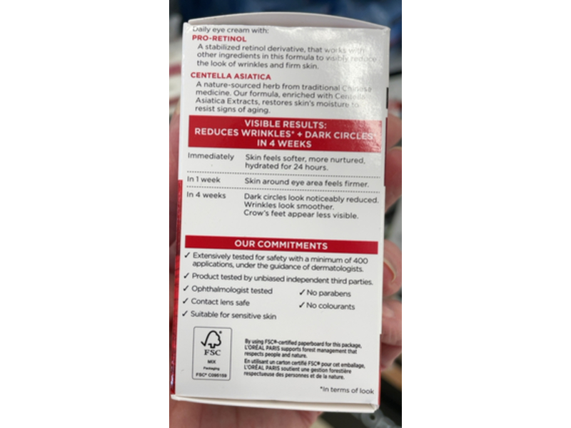 L'Oreal Paris Revitalift Anti-Wrinkle + Firming Eye Cream, Pro Retinol + Centella Asiatica, 15 mL