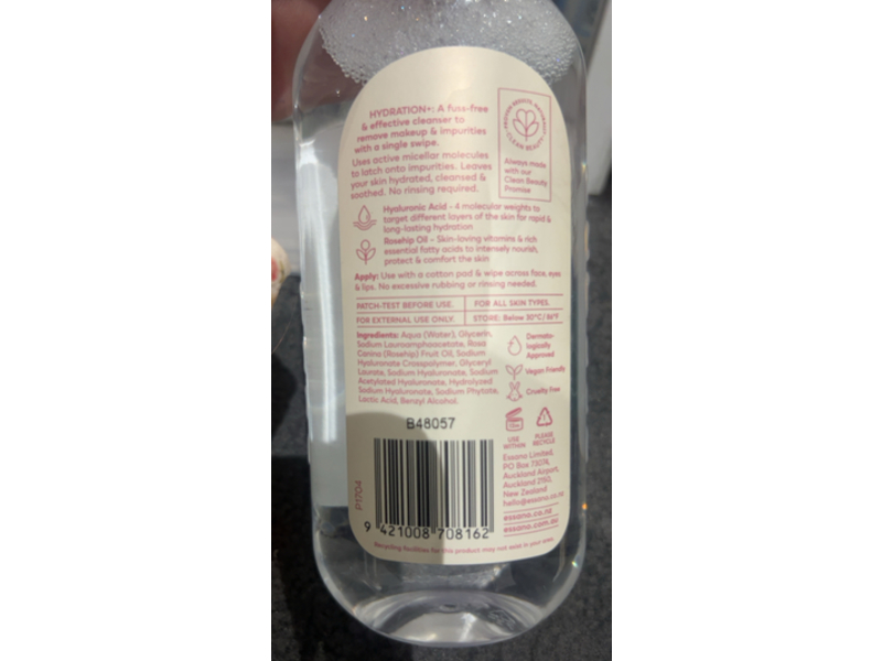 Essano Hydration+ Micellar Makeup Remover, Rosehip + Hyaluronic Acid, 13.53 fl oz/400 mL