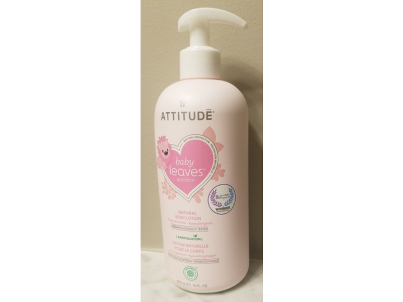 Attitude Baby Leaves Science Natural Body Lotion, Fragrance Free, 16 fl oz/473 mL