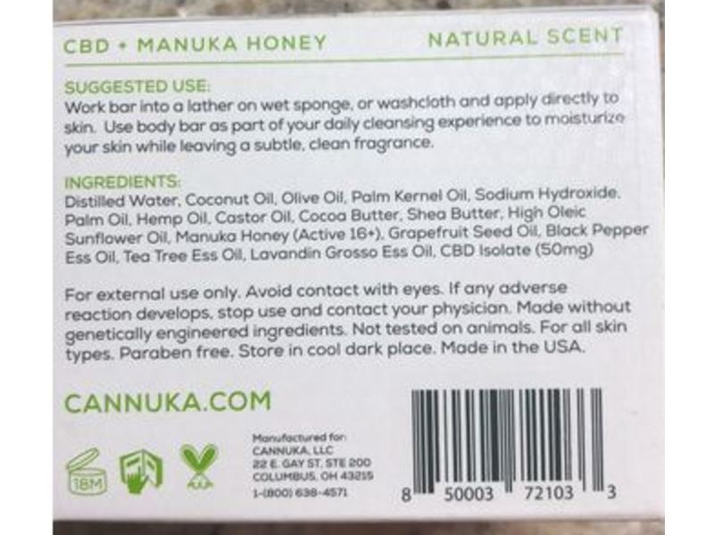 Cannuka CBD Cleansing Body Bar, Natural Scent, 6.5 oz/190 mL