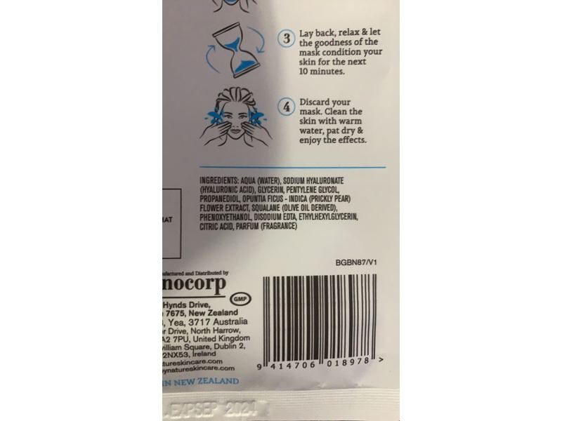 By Nature Intensively Hydrating Sheet Face Mask, 2% Hyaluronic Acid, 0.7 oz/20 g