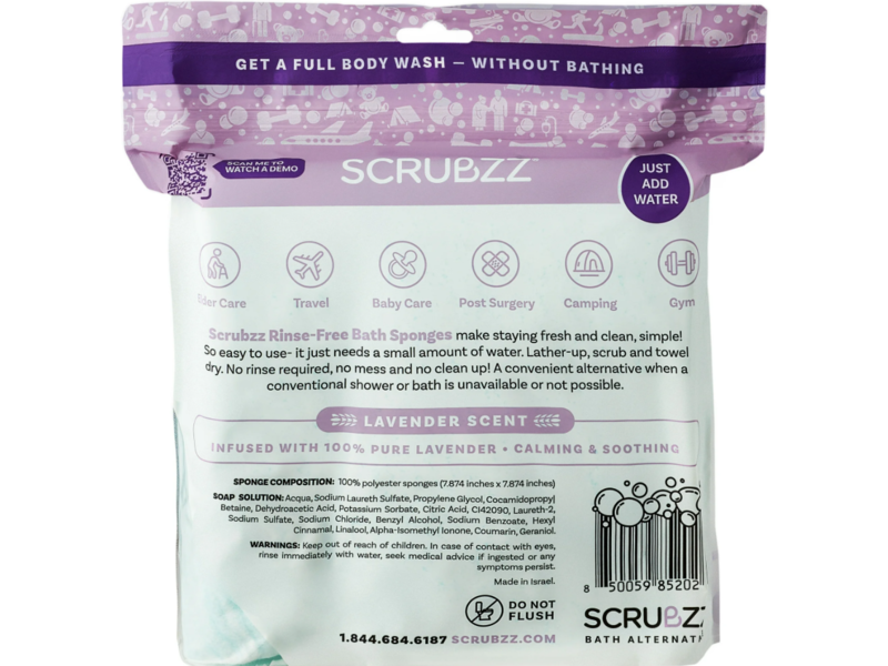Scrubzz Rinse-Free Soap & Shampoo Infused Bath Sponges, Lavender, 25 Count
