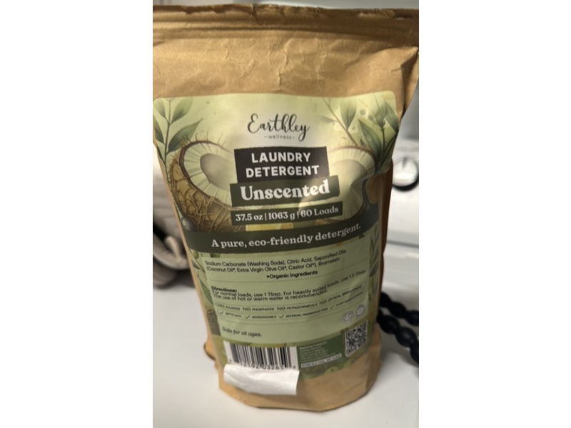Earthley Wellness Laundry Detergent, Unscented, 60 Loads, 37.5 oz/1063 g