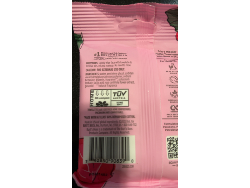 Burt's Bees Micellar 3 In 1 Facial Towelettes, Rose Water, 1.3 oz/36.8 g, 10 Count