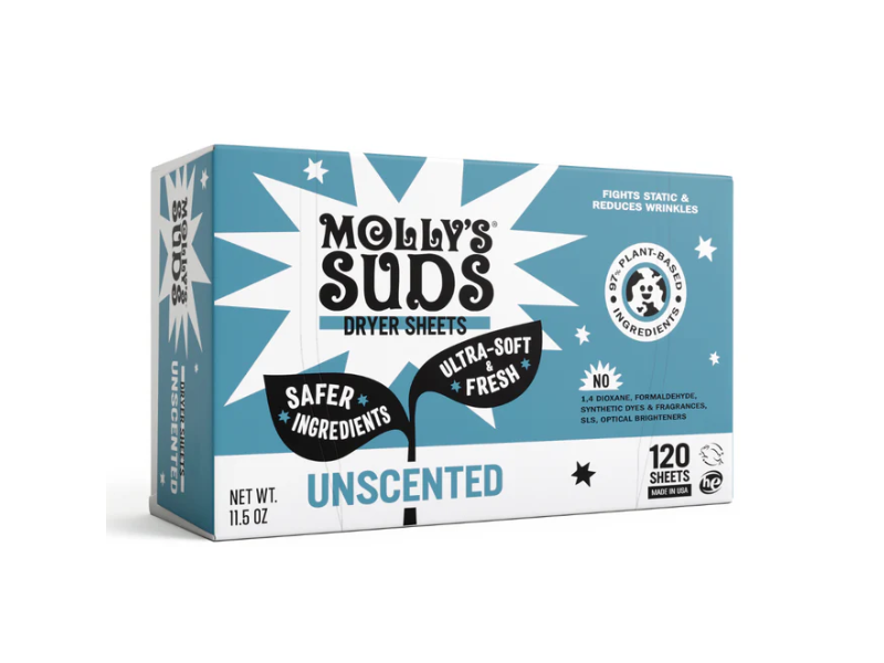 Molly's Suds All Natural Fabric Softener Dryer Sheets, Unscented, 120 Sheets, 11.5 oz