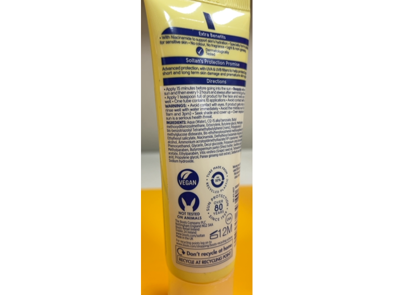 Boots Soltan Hydrating Facial Suncare, Niacinamide, SPF 50, 1.69 fl oz/50 mL