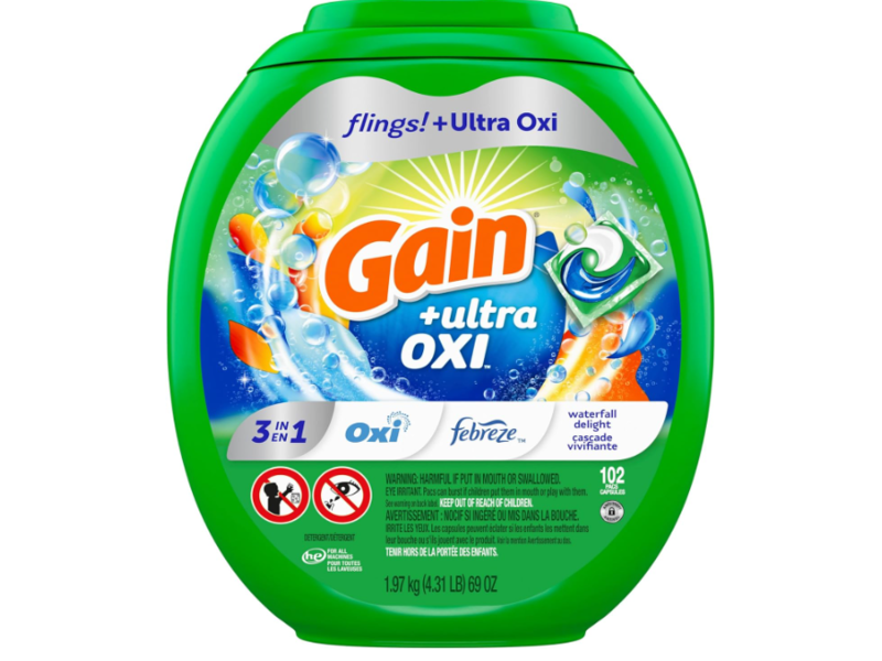 Gain Flings Ultra Oxi Laundry Detergent Pacs, Waterfall Delight, 102 Pacs, 73 oz/2.07 kg