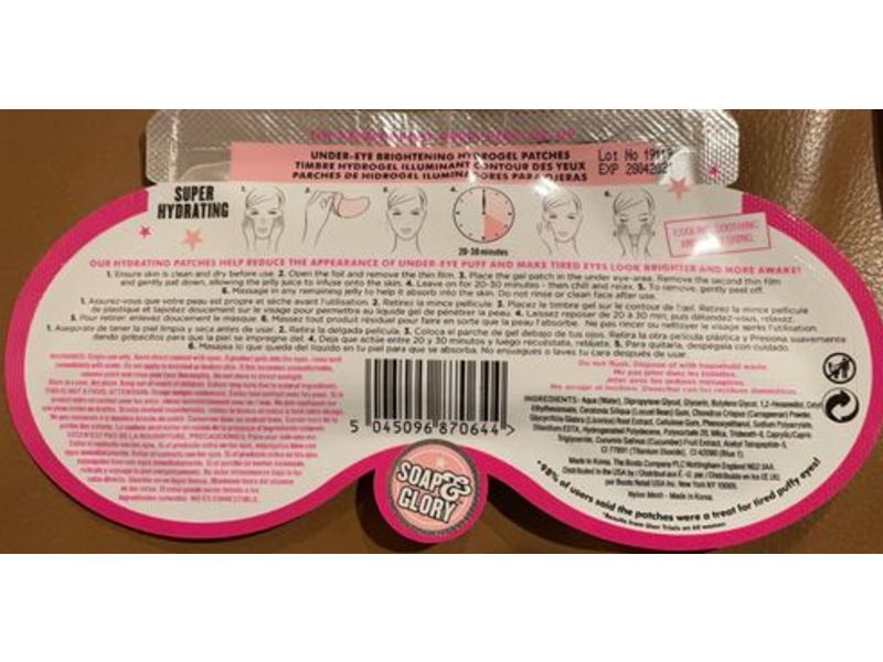 Soap & Glory Under Eye Brightening Hydrogel Patches, Puffy Eye Attack, 0.1 oz/3 g, 1 Pair