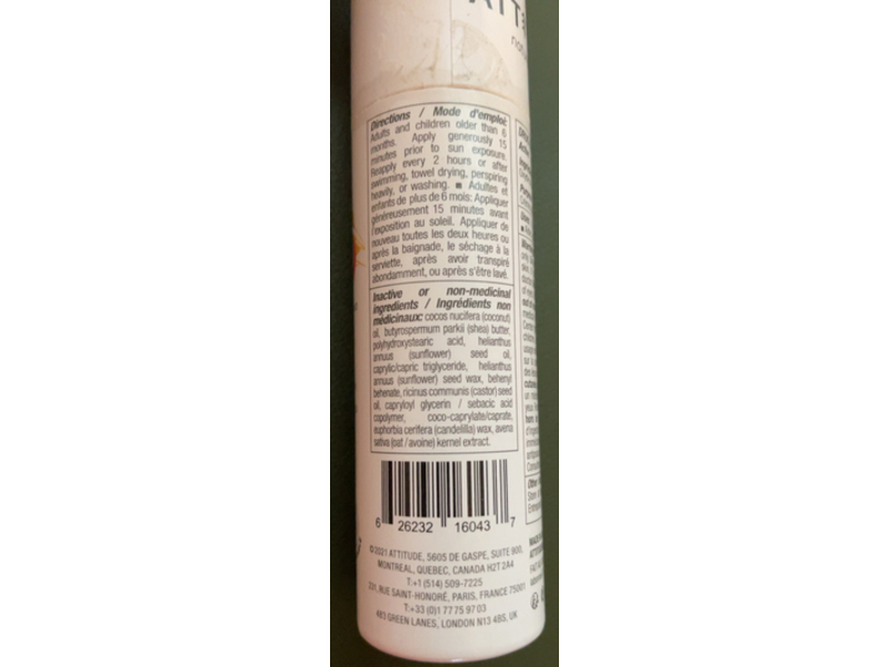 Attitude Oatmeal Mineral Sunscreen Face Stick, SPF 30, 1 oz/30 g