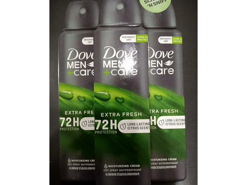 Dove Men+Care Extra Fresh Dry Spray Antiperspirant, Citrus Scent, 3.8 oz/107 g, Pack Of 3