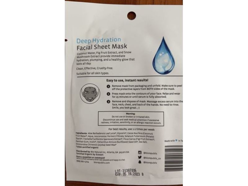 BioRepublic Deep Hydration Facial Sheet Mask, 0.91 fl oz/27 mL