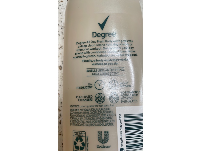 Degree All Day Fresh Body Wash, Citrus, 20 fl oz