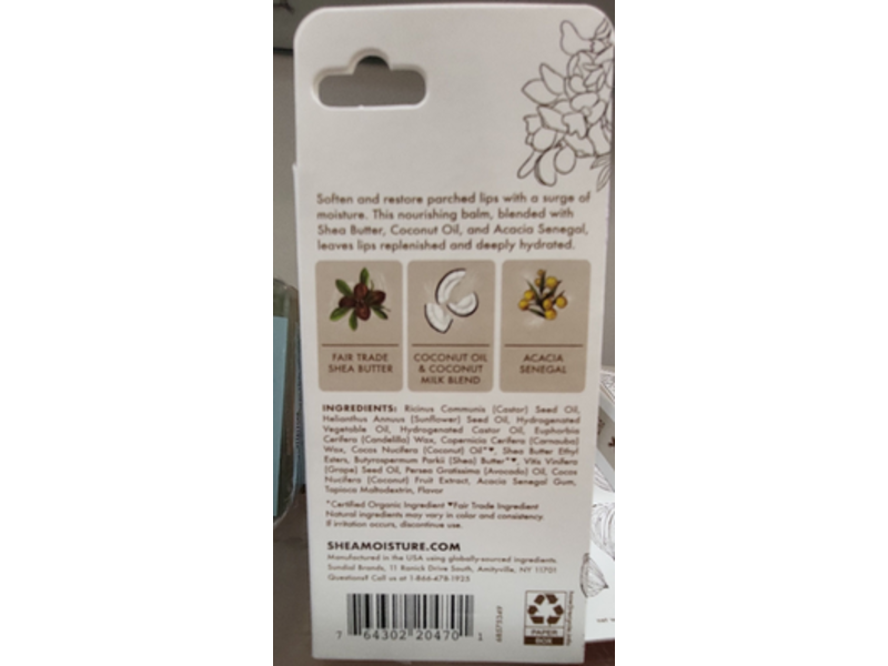SheaMoisture 100% Virgina Coconut Oil, Shea Butter Vegan Lip Balm, 0.43 oz/12.2 g