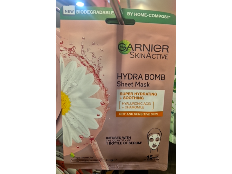 Garnier Skin Active Hydra Bomb Sheet Mask, Hyaluronic Acid, Hyaluronic Acid + Chamomile, 28 g