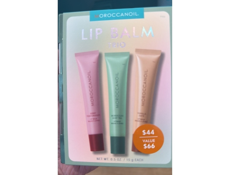 Moroccanoil Lip Balm Trio Kit, Berry Pomegranate + Moroccan Mint Tea + Vanilla Date, 0.5 oz/15 g